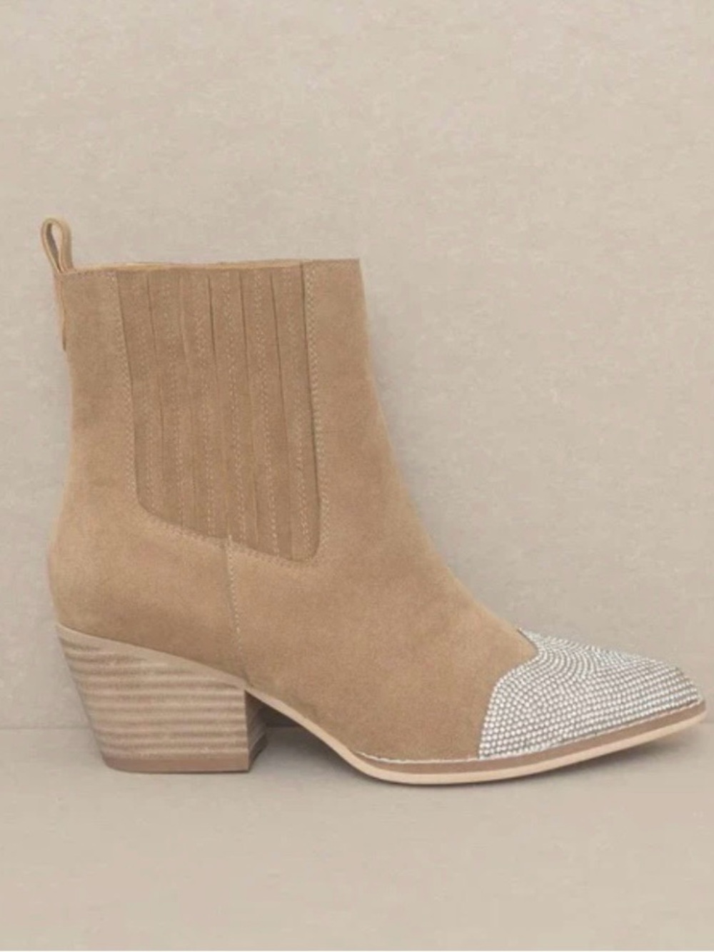 Oasis Tan Faux Suede Ankle Boots with Rhinestone Toe Cap size 8